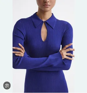 Reiss Blue Ronnie Collared Knitted Long Sleeve Ribbed Midi Bodycon Dress Size XS thumbnail 3