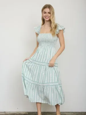 Blu Pepper Stripe Floral Pattern Smocked Tiered Midi Dress Last One Size Large thumbnail 2