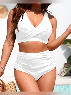 High-Waist White Bikini Set with Twist Front Top thumbnail 1