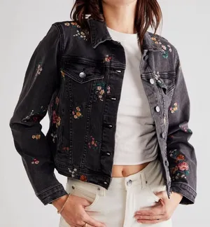Free People Driftwood floral embroidered denim jacket thumbnail 1