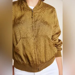 Anthropologie Maeve Silky Front Zip Pockets Smocked Accents Bomber Jacket S thumbnail 3