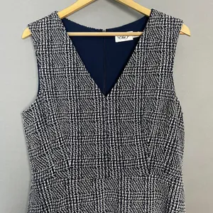 Eliza J. Women Dress 16 Navy Blue White Plaid V-Neck‎ Fit and Flare Sleeveless thumbnail 3