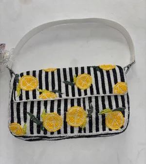 Black And White Stripe Beaded Bag With Lemon Design Double Snap Closure Nwts thumbnail 1