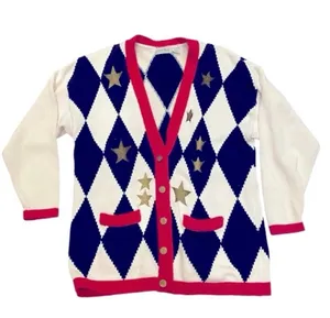 Vintage Argyle Patriotic Cardigan Flag Sweater Red White Blue Stars Oversized S thumbnail 1