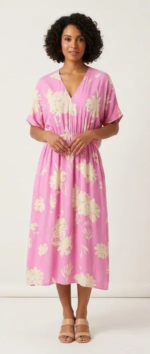 Samsoe Samsoe Andina Long Dress Pink Kirigami Floral V-Neck Pockets Size XS thumbnail 1