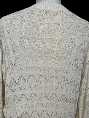 Cream Open Knit Cardigan Sweater Women’s Size S Bubble Sleeves thumbnail 5