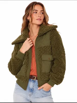 Frye & Co. Green Sherpa Fluffy Jacket Bomber Coat Pockets Zipper Zip-Up Winter thumbnail 3