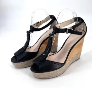 Coach Gala Black Leather Wedges Espadrille Wood Size 10 Peep toe T Strap Sandals thumbnail 1