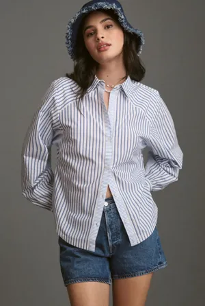 Maeve by Anthropologie Mixed Stripe Cutout Buttondown Shirt Women's Size M thumbnail 1