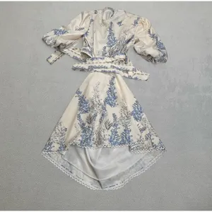 Boho Midi Dress Floral Print Cut Out Tie Back Cuff Sleeve Cream Blue Puff NWOT thumbnail 2