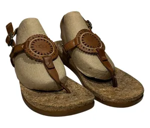 UGG Women Brown Leather Cork Footbed Medallion Thong Ankle Strap Sandals 8 thumbnail 1