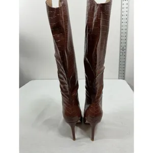 Womans Suedi Knee High Boots 7 Brown Croc Faux Leather Stiletto Pullon NWOT thumbnail 5
