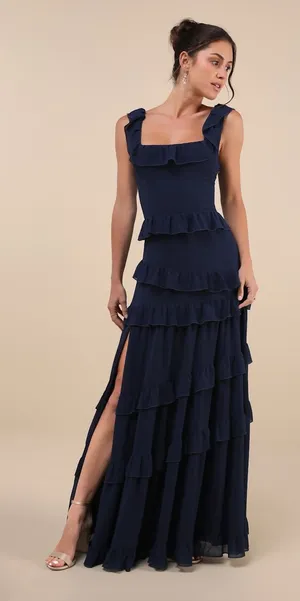 Lulus Compelling Romantic Dark Blue Ruffled Tiered Maxi Dress Holiday Gala Small thumbnail 1
