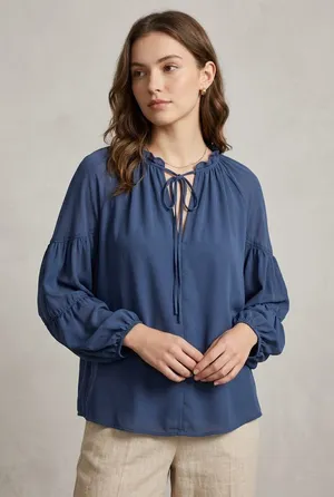 Current Air Ruffle Tie Boho Peasant Navy Sheer Fairycore Blouse Medium thumbnail 1