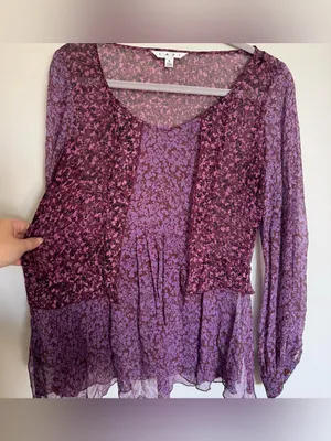 Cabi Silk Sonnet Blouse Purple Mangenta Long Sleeve Sheer Floral Boho Size S thumbnail 3