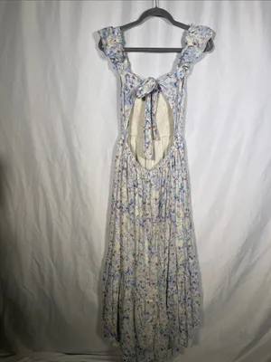 American Eagle Womens Blue Floral Flutter Sleeve Smocked Open Back Dress Large thumbnail 5