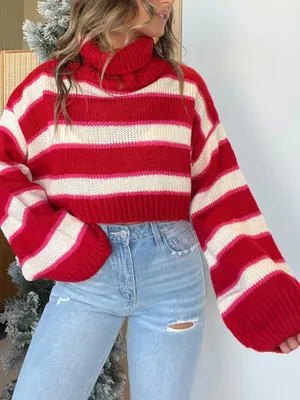 Altar’d State triped Turtleneck Long Sleeve Cropped Sweater Size Small Girly thumbnail 1