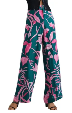 Anthropologie Teal Wide-Leg Pants with Pink Botanical Print thumbnail 1