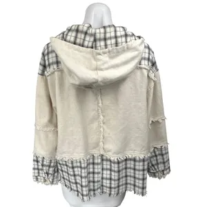 Dance & Marvel White Cream Linen Plaid Checkered Fringe Hooded Coat Jacket S thumbnail 2