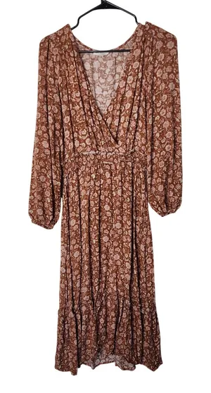Blu Pepper Brown Floral All Over Print Long Sleeve Wrap Maxi Dress Size Large thumbnail 1