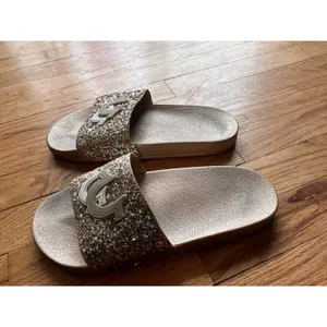 True Religion Keilani Slide Sandals Women Size 10 Gold Glitter Horseshoe‎ Logo thumbnail 3