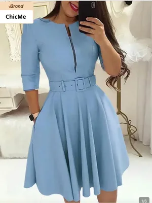 ChicMe Light Blue Belted Midi Dress with Front Zip Detail thumbnail 2