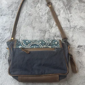 Myra Bag Canvas Cowhide Rug Tapestry Crossbody‎ Bag Teal Brown S-1250 thumbnail 3