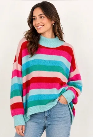 Cabana Crown & Ivy Striped Mock Neck Sweater Oversized Women L Multicolor Soft thumbnail 1