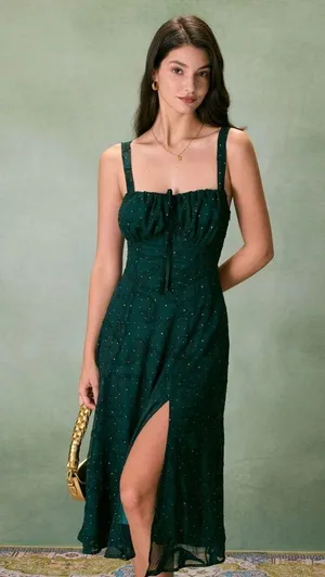 Rihoas Green Square Neck Jacquard Slit Midi Dress thumbnail 2