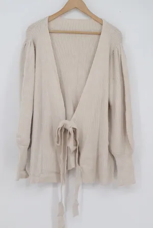Beige Ribbed Wrap Cardigan Sweater XL Puff Sleeve Tie Front Cream Knit thumbnail 1