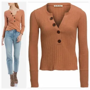 Free People NEW We the Free Oliver Boucle Ribbed Long sleeve Henley in Clay, XS, MSRP $58 thumbnail 3
