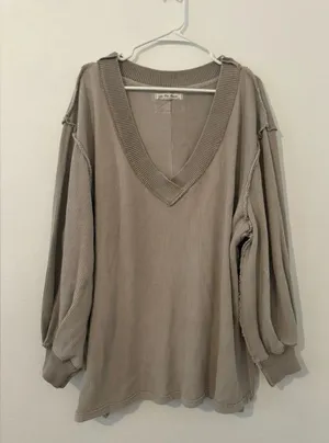 We The Free Asher Thermal Tan Oversized V-neck Long Sleeve Top Size Medium READ thumbnail 1