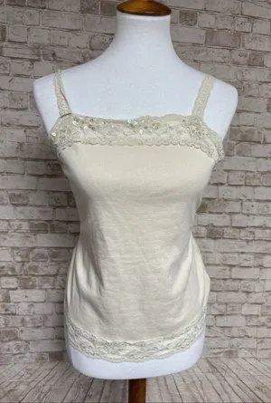 Vtg 90s Y2K Lace Trim Cami Sz‎ L Babydoll Tank Top Ivory Sequins Fairy Coquette thumbnail 1