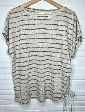Caslon Women's Beige Striped Short Sleeve Drawstring T-Shirt Size L in Oatmeal thumbnail 1