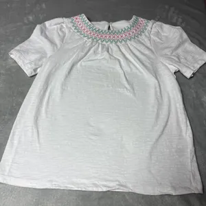 Boden Smock Neck Puff Sleeve TopWhite Blue Green Pink Blue Smocked Neck Sz 6 thumbnail 1