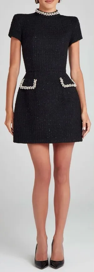 NEW NADINE MERABI Simone Embellished Trim Shimmer Tweed Black Minidress Sz 8 thumbnail 1