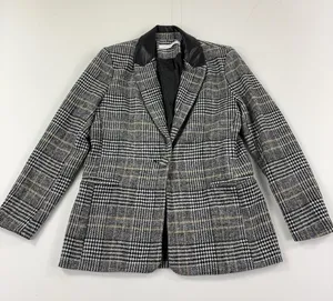 Altar'd State Blazer Womens XS Gray Plaid Faux Leather Collar Lined Jacket thumbnail 1