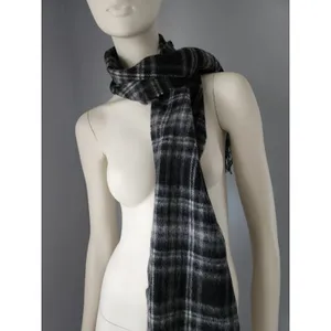 NWT John Hanly & Co Woven in‎ Ireland 100% Lambswool Scarf Black Plaid Fringe thumbnail 2