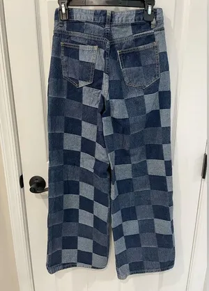 SheIn 90s Y2K Inspired Checker Patchwork Wide Leg Denim Jeans Women’s Size 27 thumbnail 2