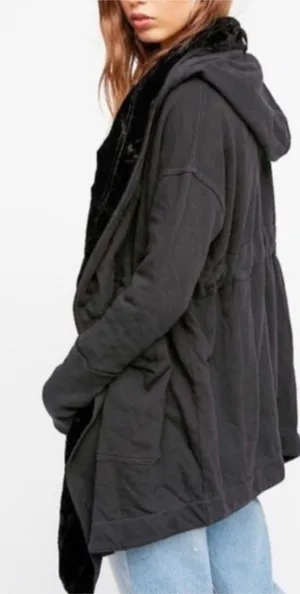 Free People Westwood Velvet Trim Hooded Oversized Cardigan Coat in Black thumbnail 1