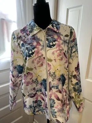 Christopher&Banks Jacket Lightweight Zip Front Pastel Floral Petite Large Career thumbnail 1