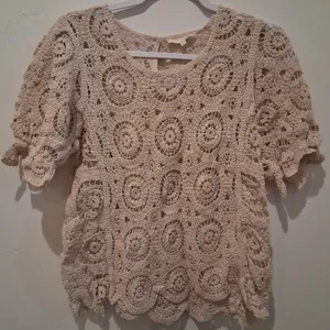 Solitaire Crochet Ruffle Peplum Top Beige Boho Cottage Festival Hippie size XL thumbnail 1