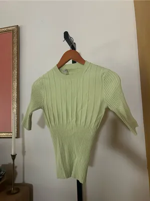 FRAME Mixed Rib Sweater In Bright Lime Green Ribbed Top Half Sleeve‎ Size Small thumbnail 6