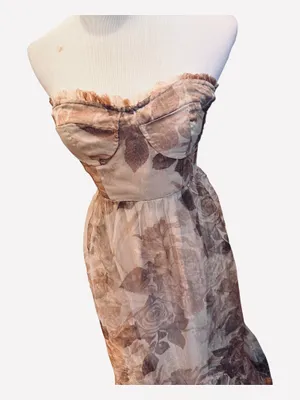 Storia Strapless Dress Brown Tan Floral Sheer Overlay Ruffle Hem S Wedding Tulle thumbnail 6