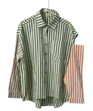 POL Stripe Color block Button Up Distressed Cut Out Shoulder Shirt(Size Medium) thumbnail 1