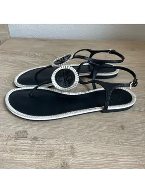 Tory Burch Miller Fringe T Strap Sandals Black Size 7 Neutral Leather Luxury thumbnail 2