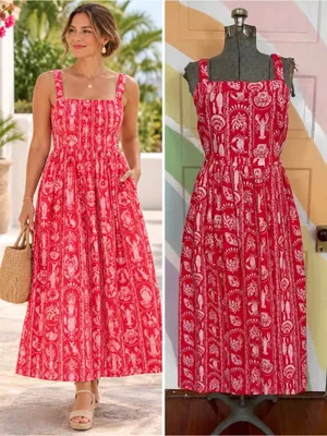 NWOT Crown & Ivy Tropical Red Sea Stripe Cotton Smocked Maxi Dress Petite L🧡🎀 thumbnail 2