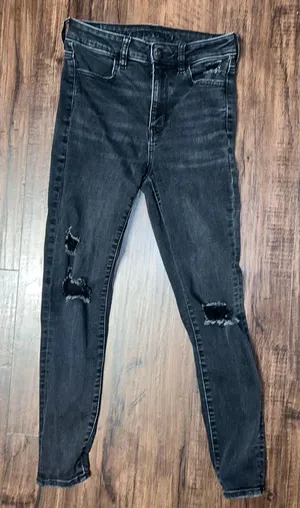 American Eagle Black Distressed Skinny Jeans SHORT thumbnail 1
