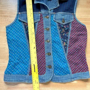 Carole Little Vintage 90s Denim Tapestry Patchwork Button Up Vest Top S thumbnail 7
