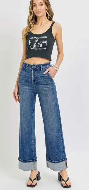 005- Risen Tummy Control High Rise Ankle Wide Leg Cuffed Jeans Size 32 thumbnail 1